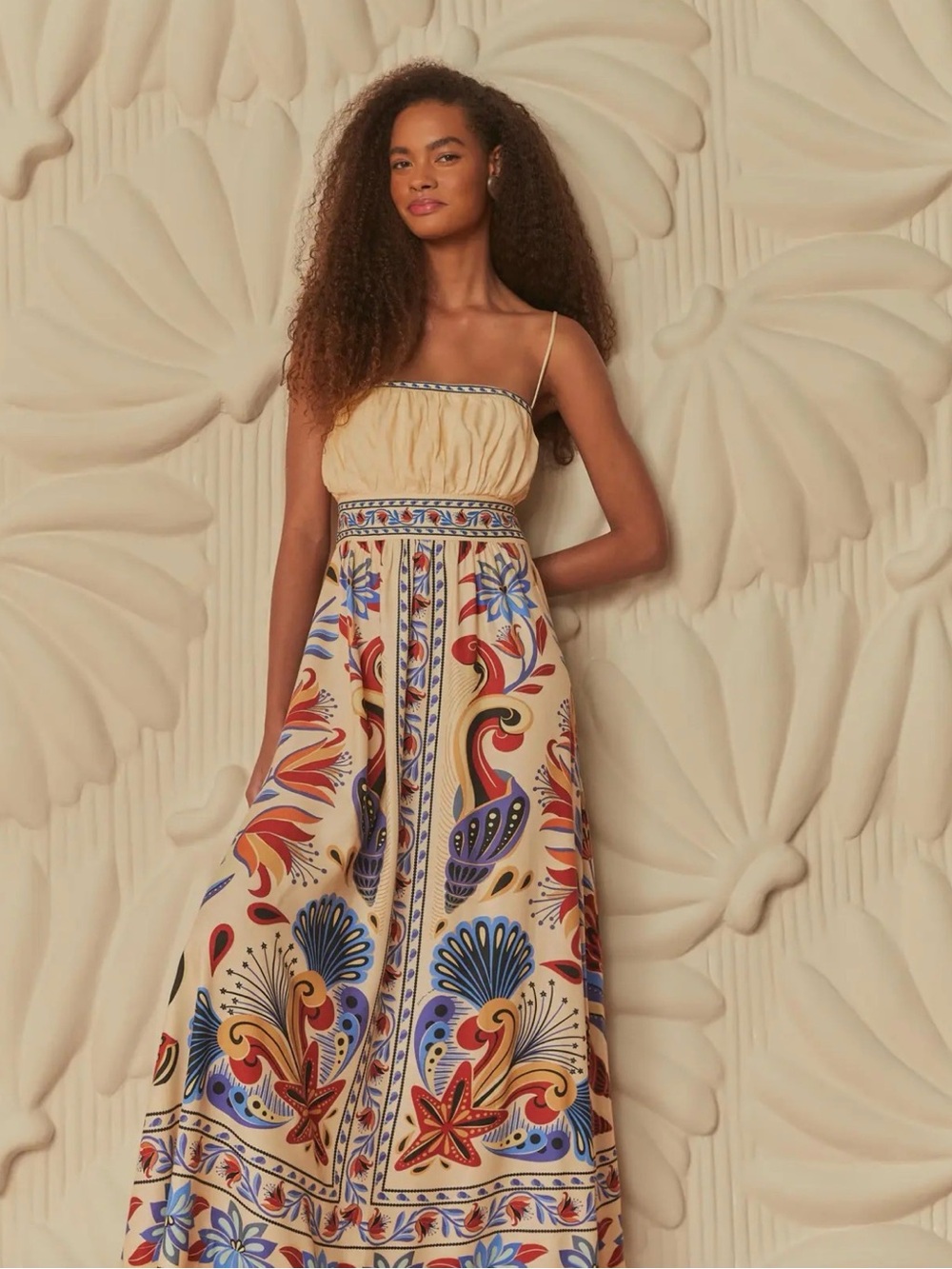 FARM Rio Beige Maxi Dress with Blue, Red and Purple Floral Print